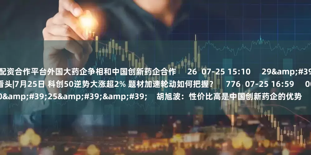 配资合作平台外国大药企争相和中国创新药企合作     26  07-25 15:10     29&#39;57&#39;&#39;    投资有看头|7月25日 科创50逆势大涨超2% 题材加速轮动如何把握？    776  07-25 16:59     00&#39;25&#39;&#39;    胡旭波：性价比高是中国创新药企的优势    17  07-25 15:04     02&#3